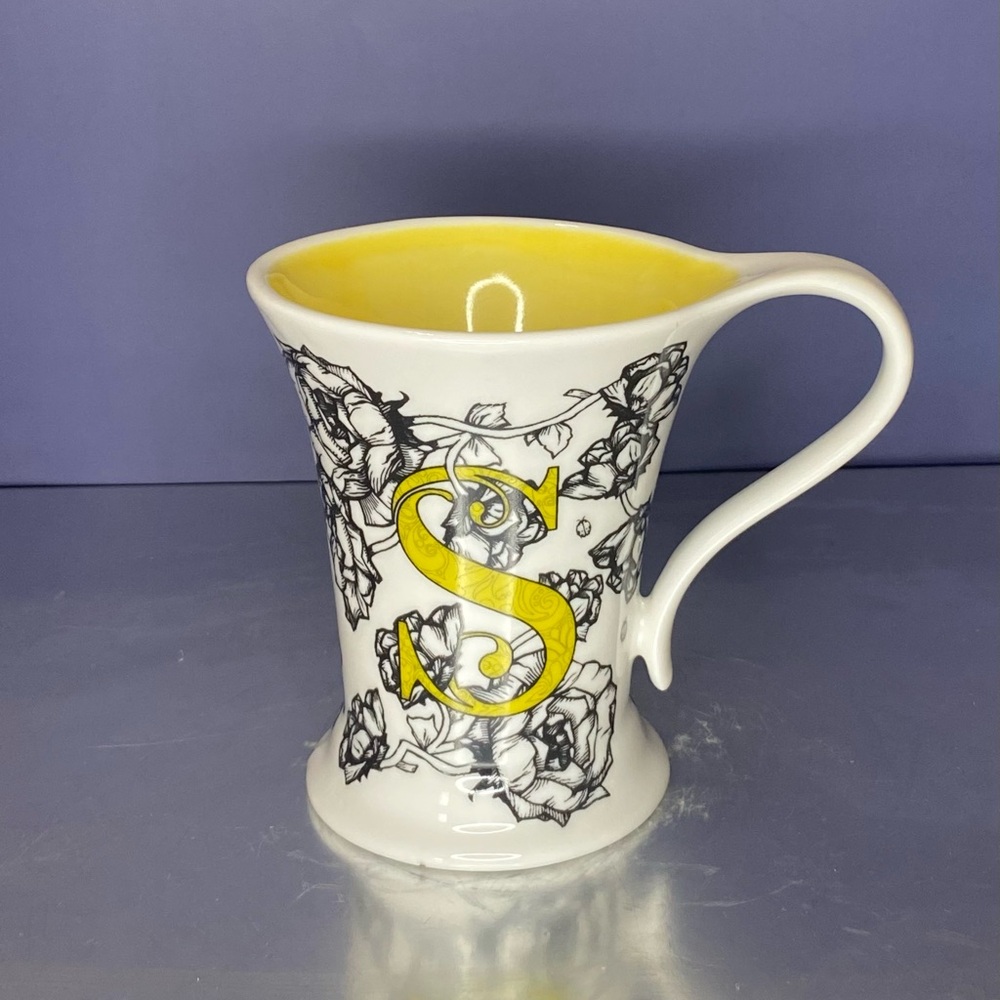 Cypress Home Yellow Monogram “S” Mug Yellow Inside Black/White Florals